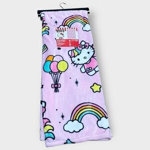 Hello Kitty Pink Unicorn Plush Throw Blanket 50”x70” Cloud Balloons Rainbows (a)